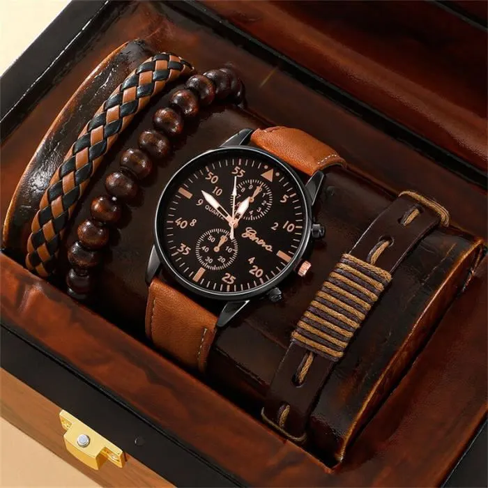 Ensemble de montres de sport pour hommes, montre-bracelet à quartz d'affaires, bracelet en cuir marron de luxe, horloge décontractée